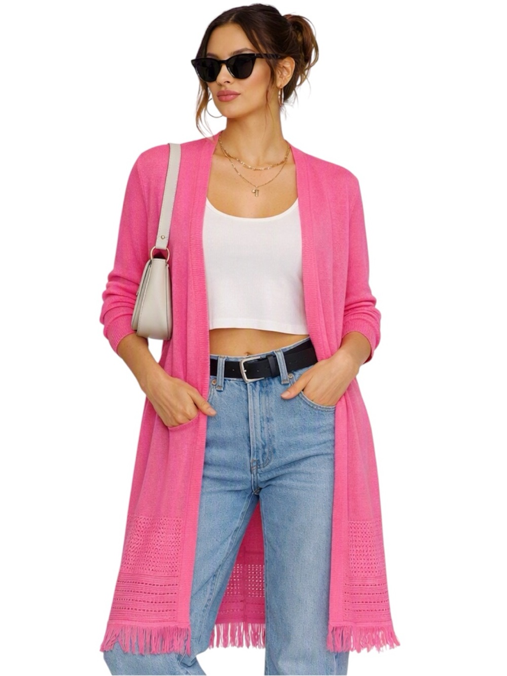 Talbots Cardigan Women XS Pink Open Front Fringe Tunic Length Knit Sweater